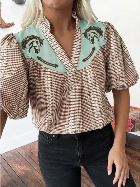 Western Pony Embroidered Yoke Puff Sleeve Gingham Blouse