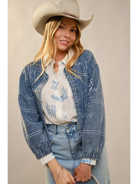 Western Embroidery Puff Sleeve Denim Jacket
