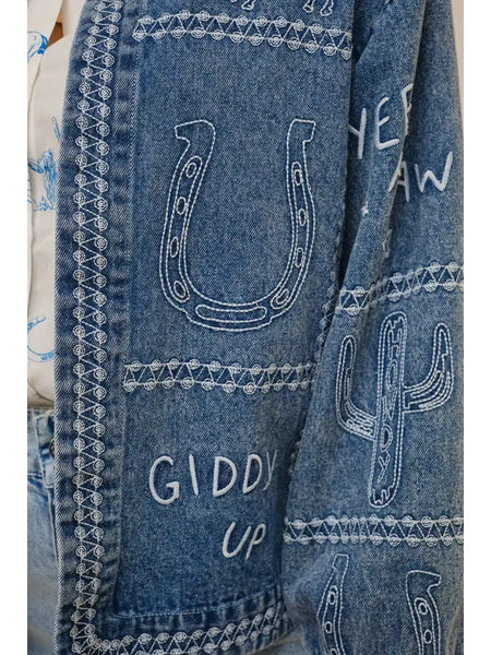 Western Embroidery Puff Sleeve Denim Jacket