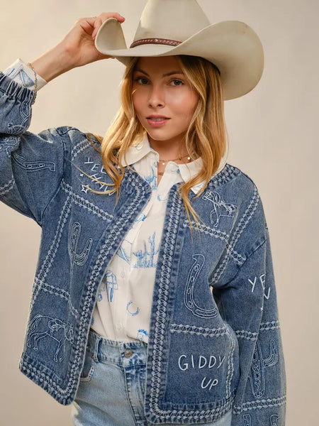 Western Embroidery Puff Sleeve Denim Jacket