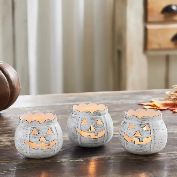 Jack-O-Lantern Candle Holder Antique White Set of 3 - 3x3.5x3.5