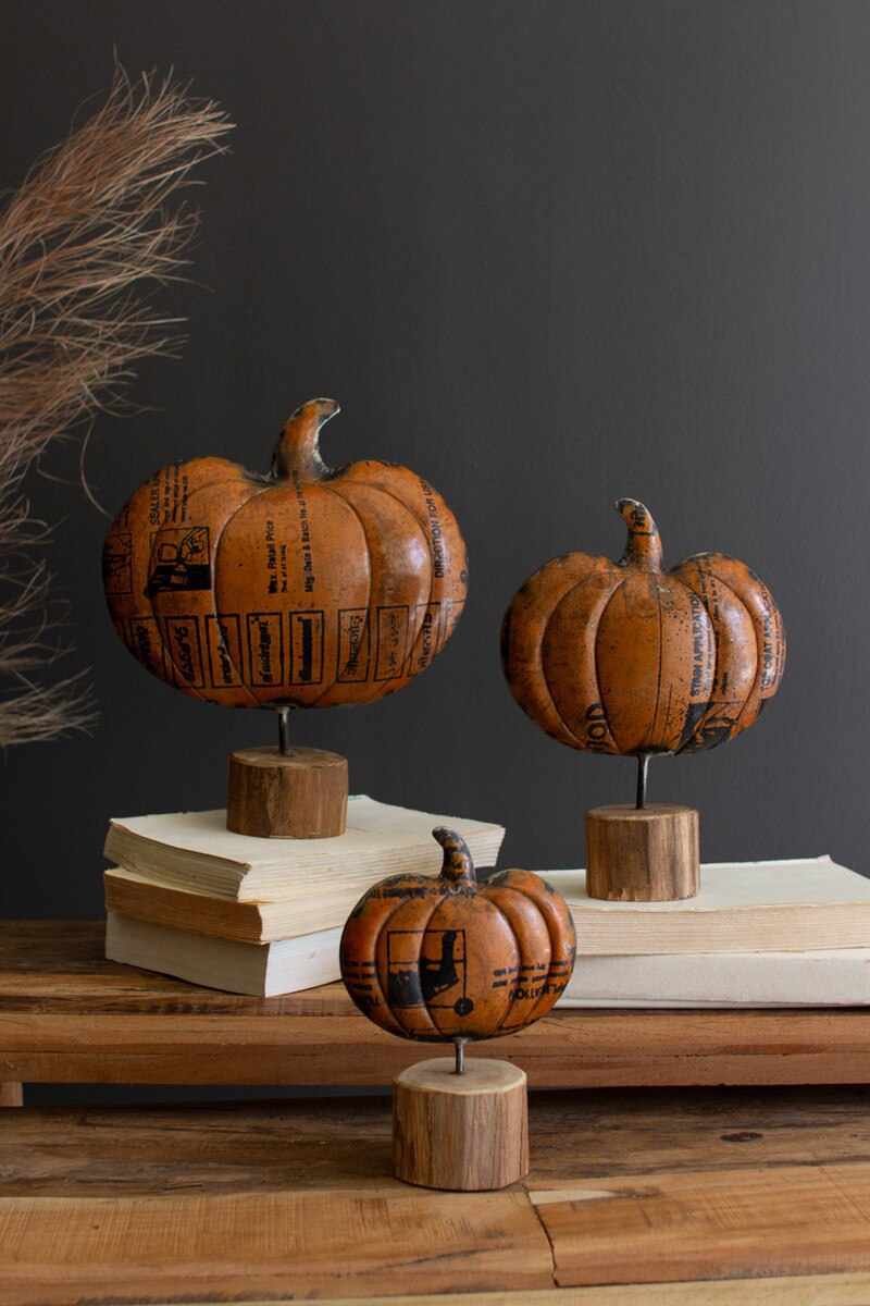 Set of 3 Recycled Metal Pumpkins on Wooden Bases