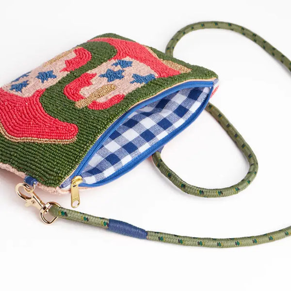 Ink Alloy Leila Red Boots Seed Bead Clutch with Strap