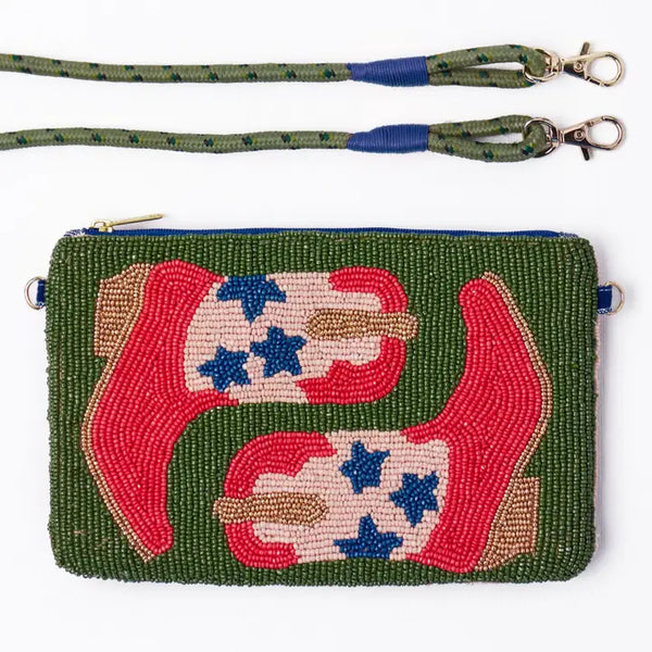 Ink Alloy Leila Red Boots Seed Bead Clutch with Strap