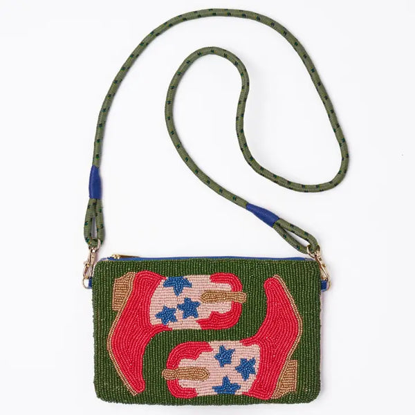 Ink Alloy Leila Red Boots Seed Bead Clutch with Strap