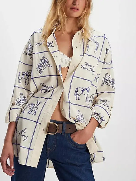 Breezy Retro Western Cowboy & Checker Print Shirt 2 Color Options