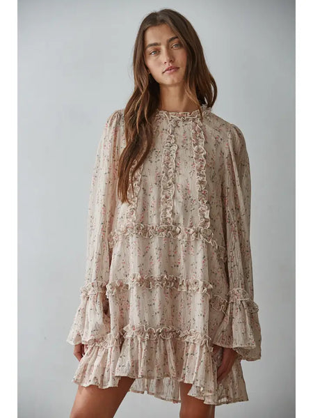 Woven Polyester Floral Ruffle Detail Mini Dress