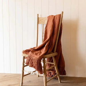 Mattie Hand Woven Rust Yarn Fringe Throw Blanket Cotton