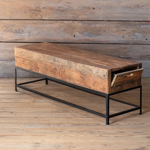 Long Rustic Wood and Iron Shotgun Bench