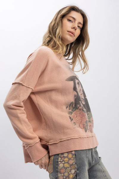Pink Sitting Bull Print Long Sleeve Pullover