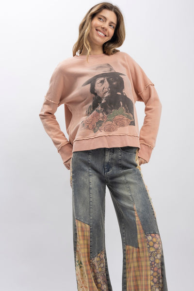 Pink Sitting Bull Print Long Sleeve Pullover
