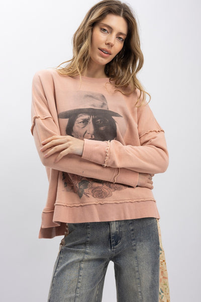 Pink Sitting Bull Print Long Sleeve Pullover