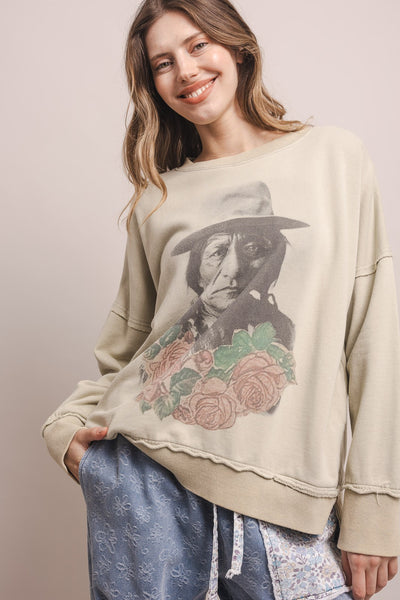 Sitting Bull Print Long Sleeve Pullover Sage