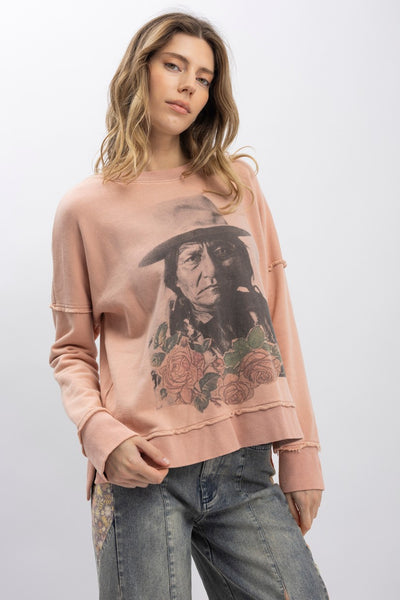 Pink Sitting Bull Print Long Sleeve Pullover
