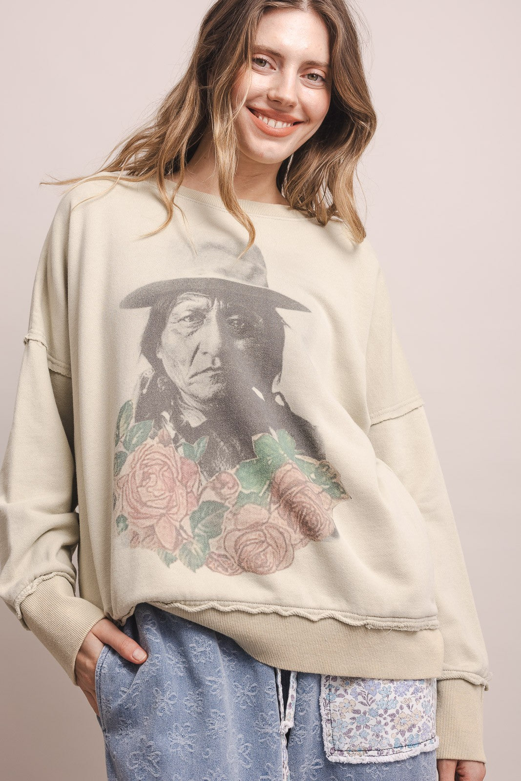 Sitting Bull Print Long Sleeve Pullover Sage