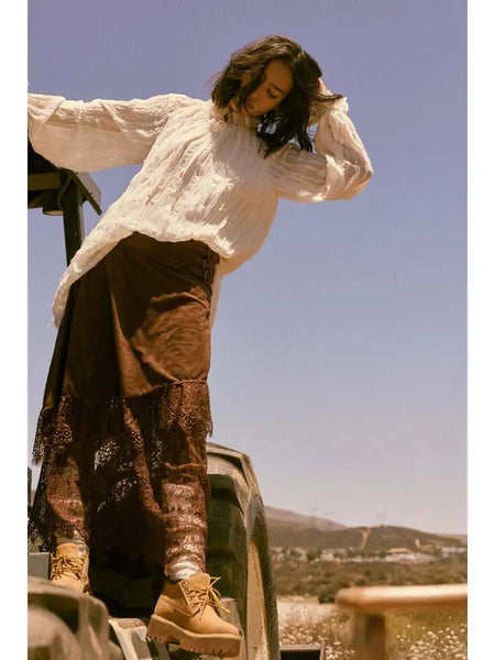 Faux Suede and Lace Buckled-Waist Maxi Skirt