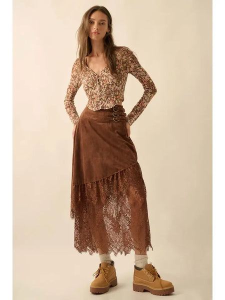 Faux Suede and Lace Buckled-Waist Maxi Skirt