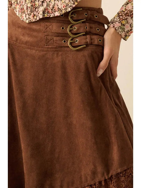 Faux Suede and Lace Buckled-Waist Maxi Skirt
