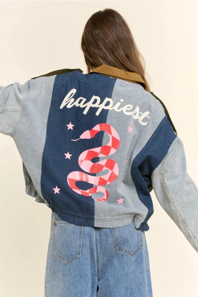 Mixed Media Utility Denim Snake Graphic Jacket