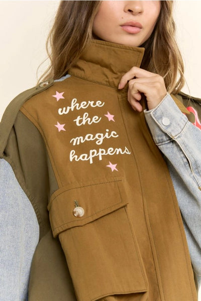 Mixed Media Utility Denim Snake Graphic Jacket