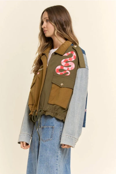 Mixed Media Utility Denim Snake Graphic Jacket