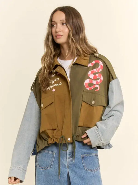 Mixed Media Utility Denim Snake Graphic Jacket