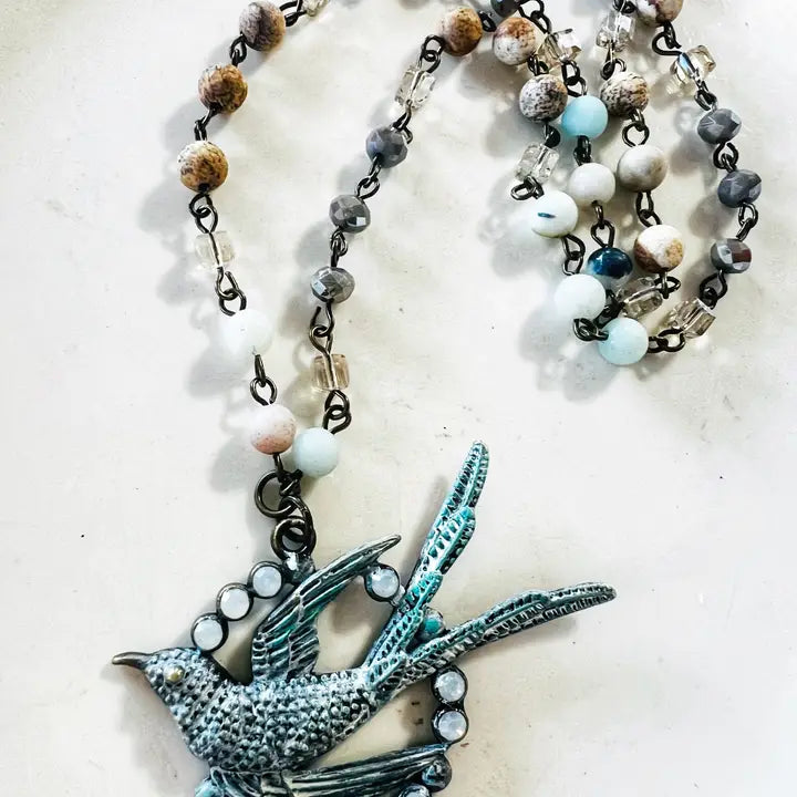 Fly Away Sparrow Bird Beaded Chain Necklace