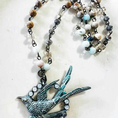 Fly Away Sparrow Bird Beaded Chain Necklace