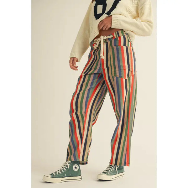 Washed Multi Stripes Rope String Relaxed Fit Pants