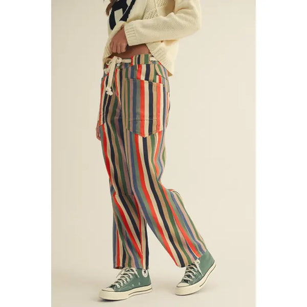 Washed Multi Stripes Rope String Relaxed Fit Pants