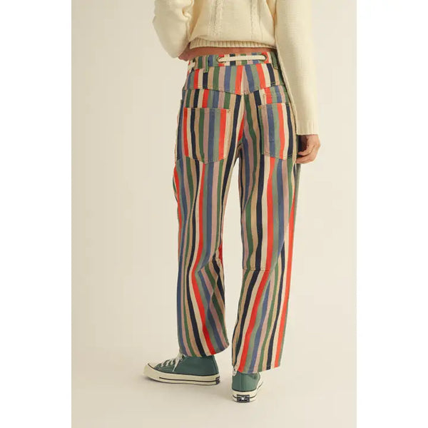 Washed Multi Stripes Rope String Relaxed Fit Pants