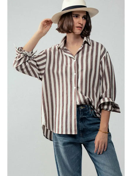 Oversized Stripe Button Down Brown Collared Shirt