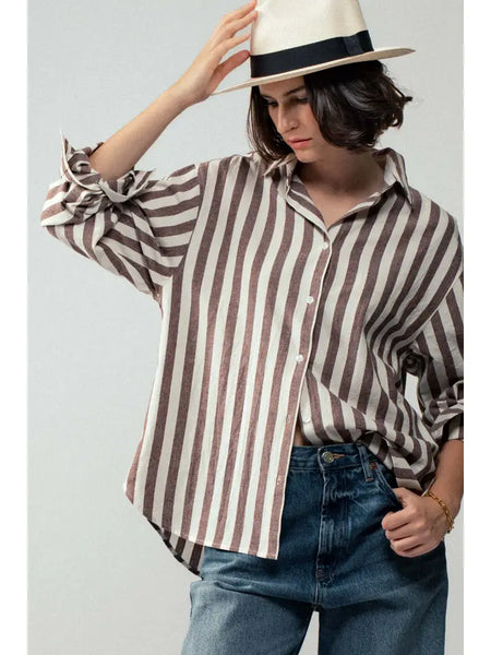 Oversized Stripe Button Down Brown Collared Shirt