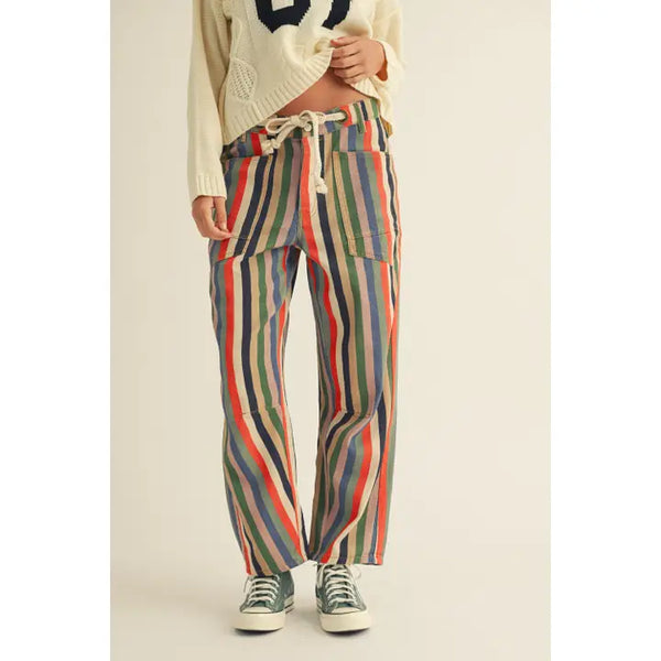 Washed Multi Stripes Rope String Relaxed Fit Pants