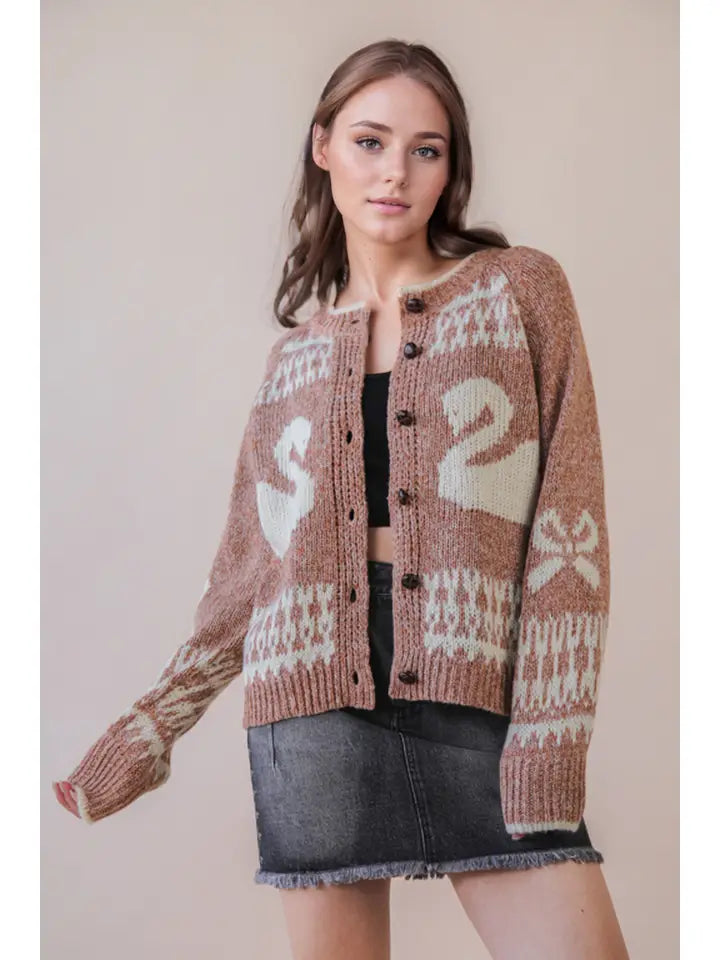 Oversized Graphic Swan Casual Knit Sweater Cardigan