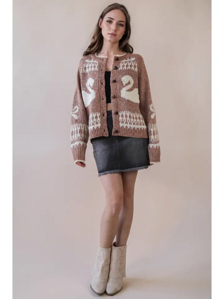 Oversized Graphic Swan Casual Knit Sweater Cardigan