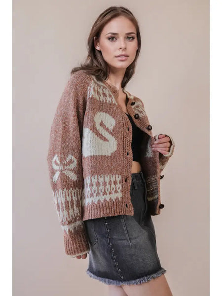 Oversized Graphic Swan Casual Knit Sweater Cardigan