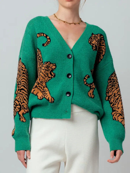 Tiger Jacquard Knit Sweater Cardigan