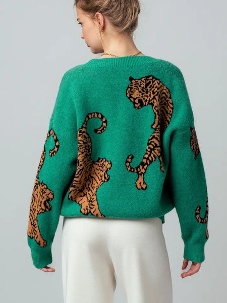 Tiger Jacquard Knit Sweater Cardigan