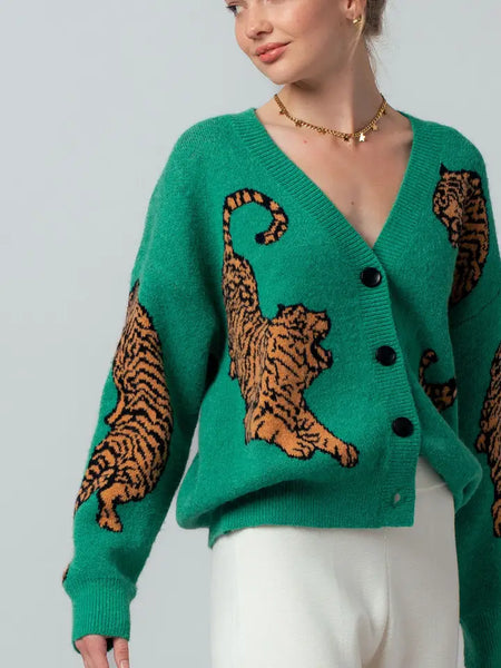 Tiger Jacquard Knit Sweater Cardigan