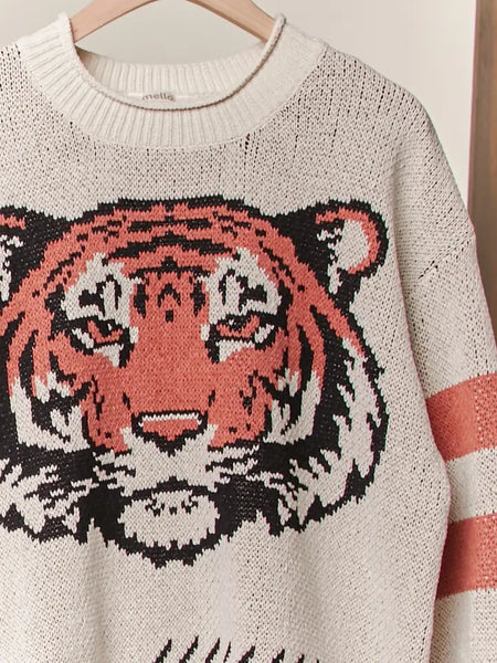 Tiger Embroidery Round Neck Sweater