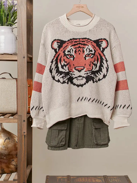 Tiger Embroidery Round Neck Sweater