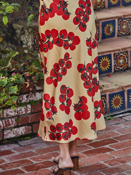 Woven Satin Polyester Spandex Tomato Print Skirt