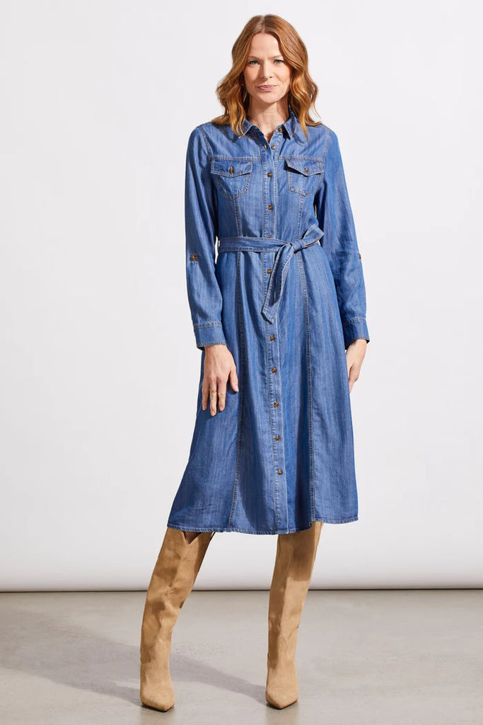 Tribal Button-Up Tencel Midi Dress with Roll-up SLEEVES