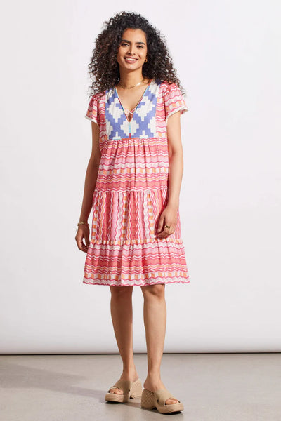 Tribal PRINTED V-NECK DRESS WITH TIERED PANELS