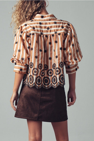 Striped Floral Embroidered Scallop Blouse