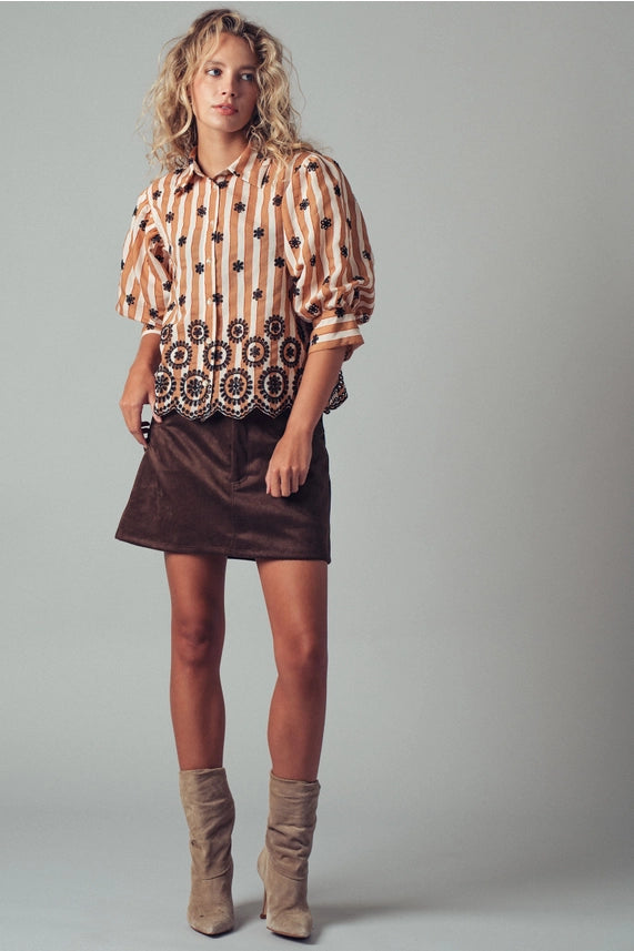 Striped Floral Embroidered Scallop Blouse