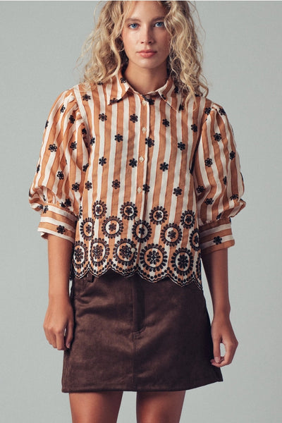 Striped Floral Embroidered Scallop Blouse