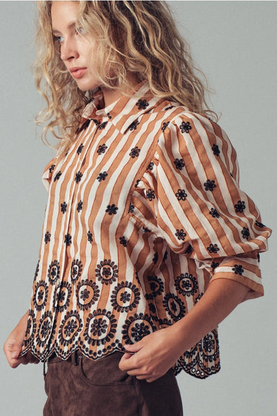 Striped Floral Embroidered Scallop Blouse