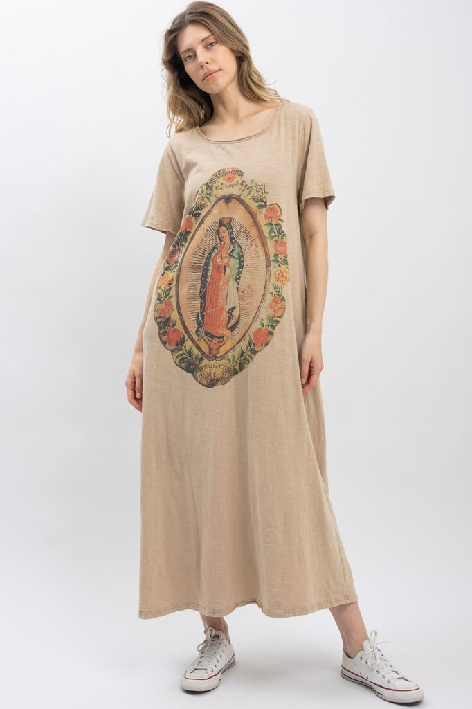 Virgin Mary Print Washed Long Dress Taupe Montana Rustic Accents Virgin Mary Print Washed Long Dress Taupe Montana Rustic Accents